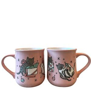 NEW Clementine CATS Pink Christmas Mug Set of 2 Ceramic 16oz Holiday